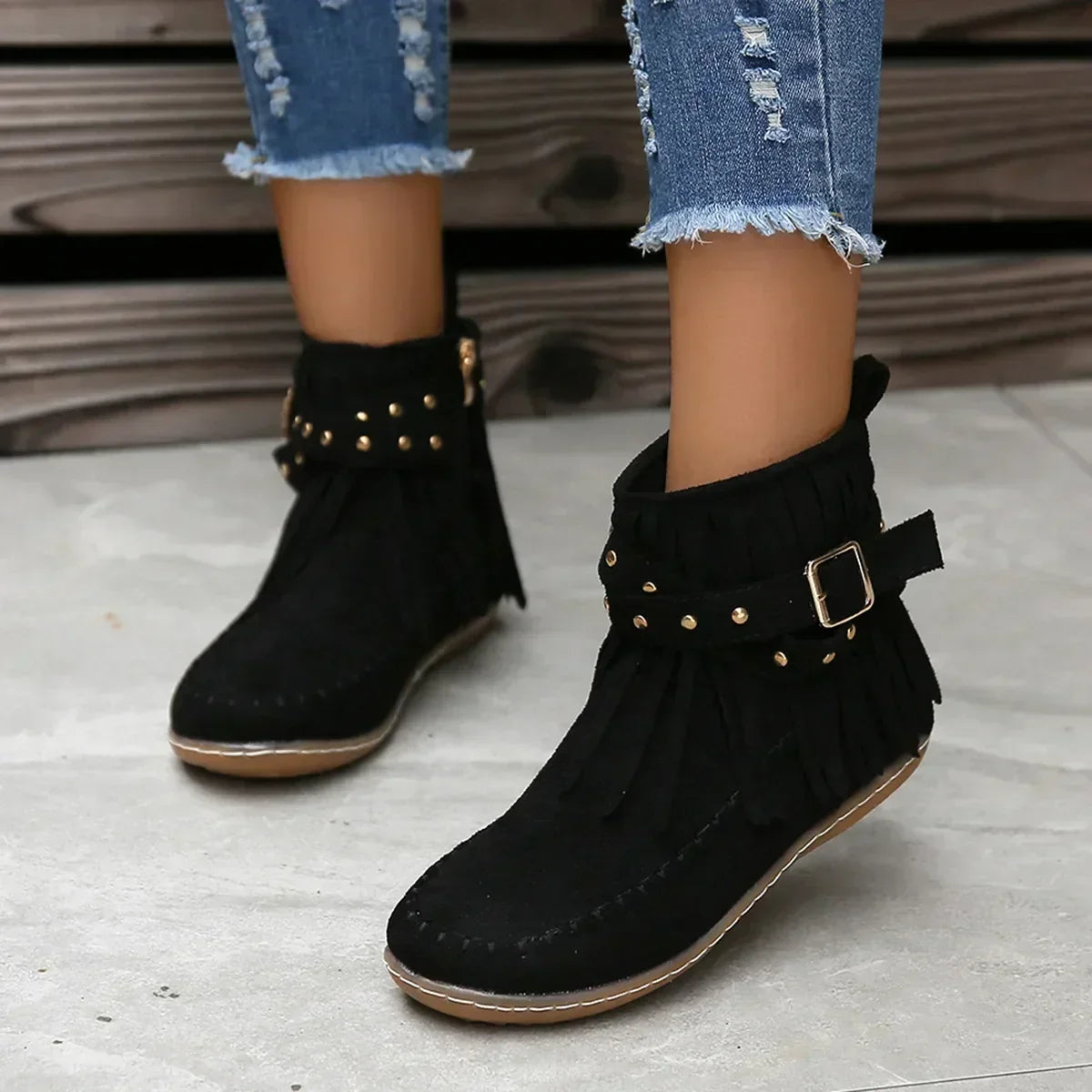 Wildaura Damen Boots schwarz mit Fransen & Nieten
