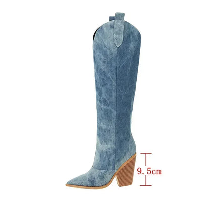 Damen Denim Stiefel Knielang Jeans Schuhe