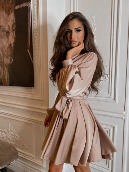 Damen Satinkleid Langärmlig Rüschen Elegant