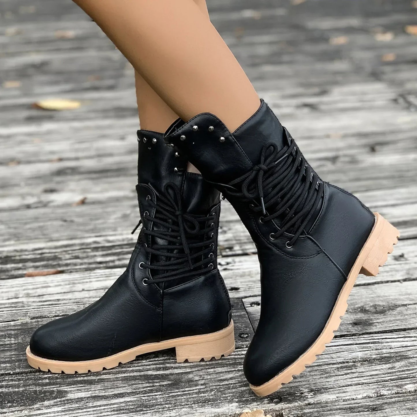 Herren Schnürstiefel Nieten Leder