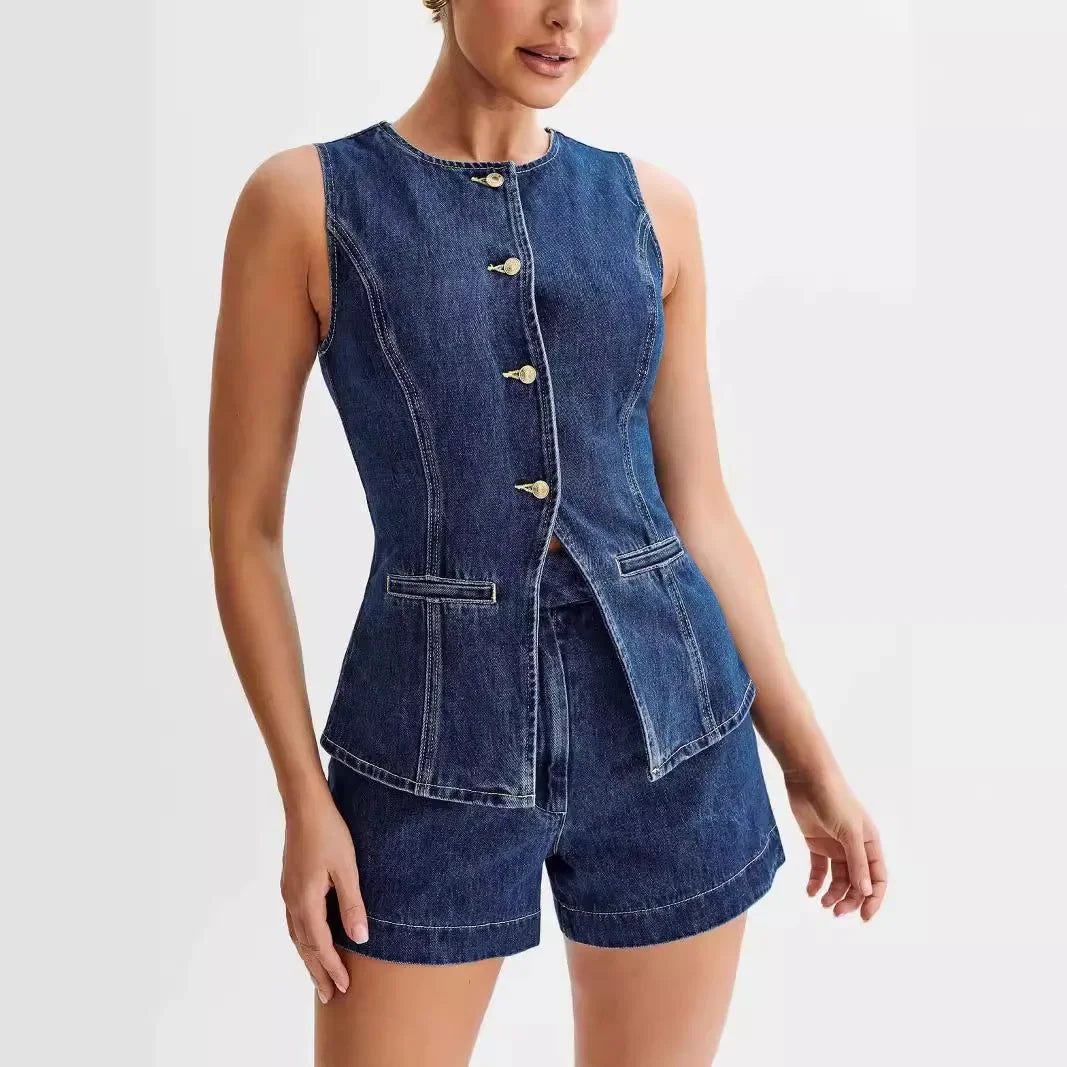 Denim Zweiteiler Damen Set mit Weste und Shorts Sommer