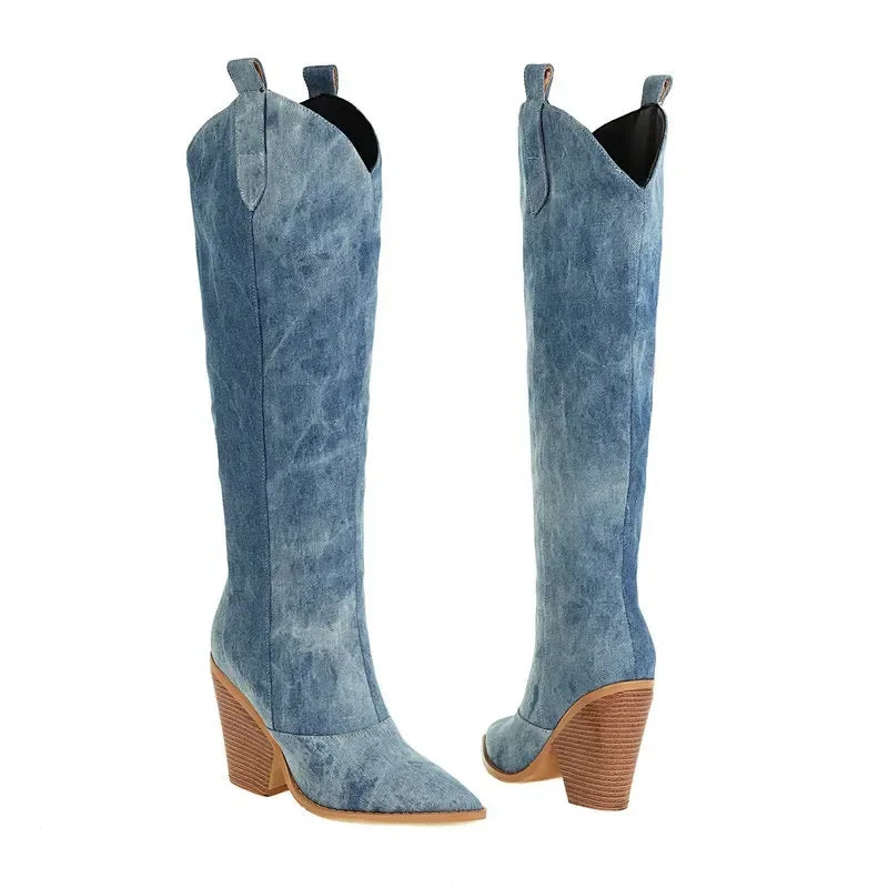 Damen Denim Stiefel Knielang Jeans Schuhe