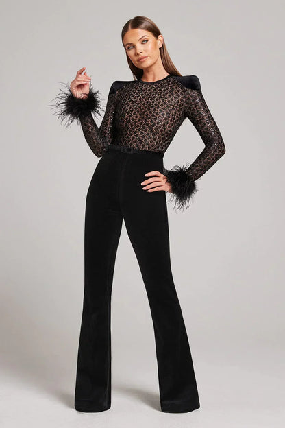 Glitzernder Frauen Jumpsuit Mit Federn Party Outfit - Norvielle