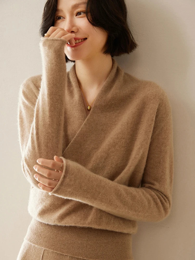 Damen Wickelpullover Überkreuzdesign aus Kaschmir Modern