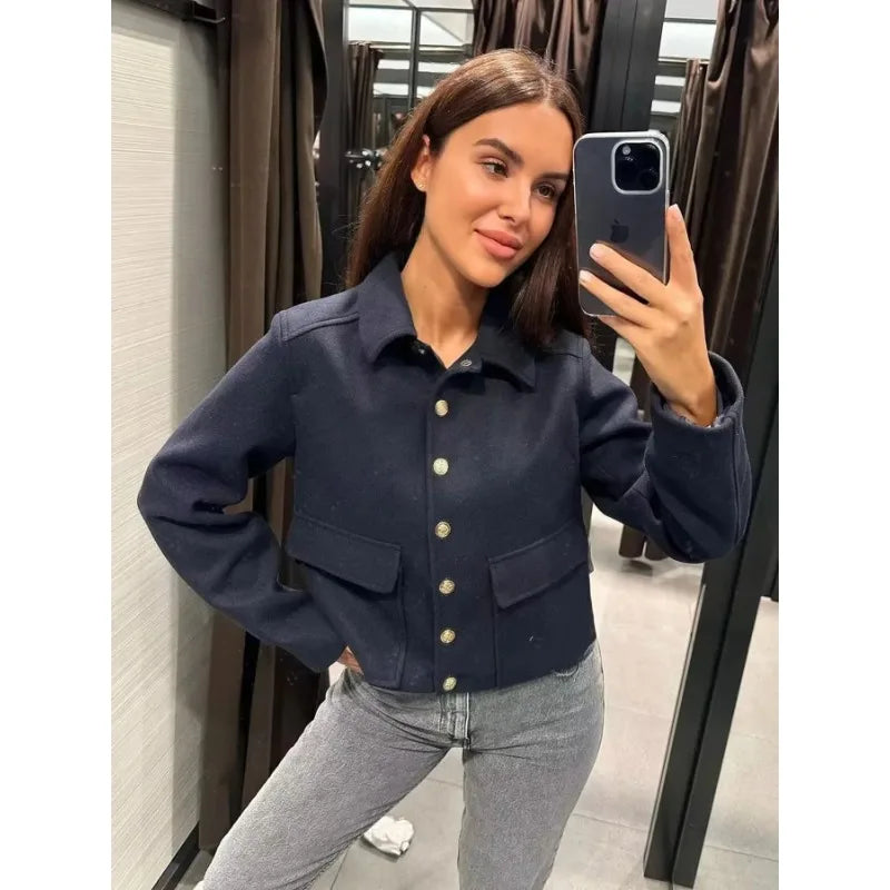Damen Kurzjacke Modern mit Knopfleiste Schwarz - Norvielle