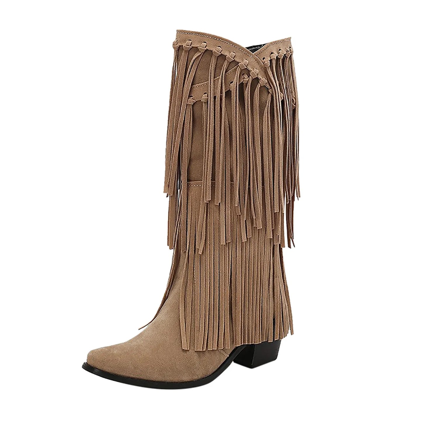 Damen Fransen Stiefel Blockabsatz