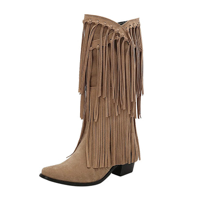 Damen Fransen Stiefel Blockabsatz