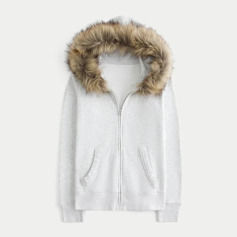 Damen Kapuzenjacke Weiches Kunstfell Reißverschluss
