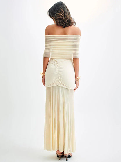 Damen Maxi-Kleid Off-Shoulder Mesh Figurbetont