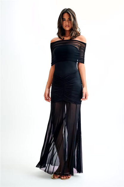 Damen Maxi-Kleid Off-Shoulder Mesh Figurbetont