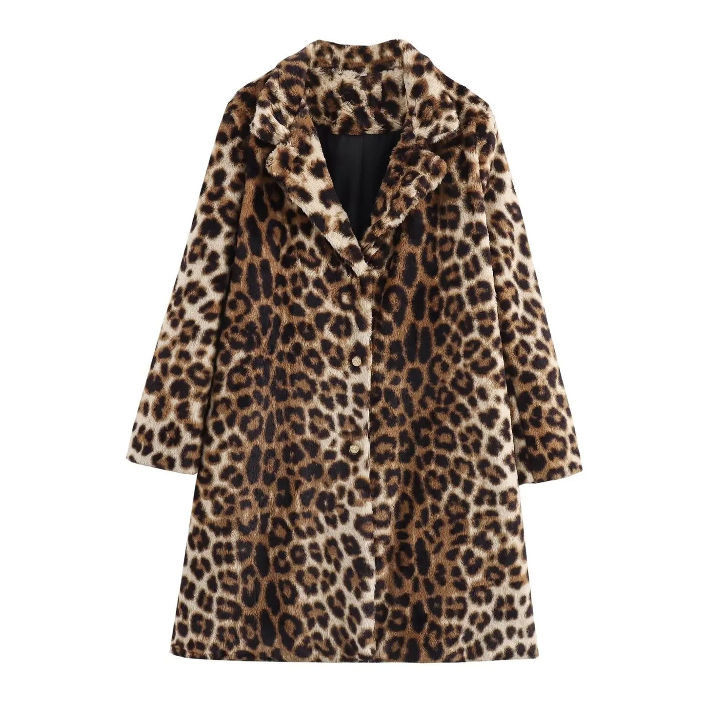 Leopardenmuster Damenmantel Kunstfell Winter Schwarz - Norvielle