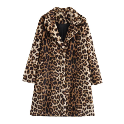 Leopardenmuster Damenmantel Kunstfell Winter Schwarz - Norvielle