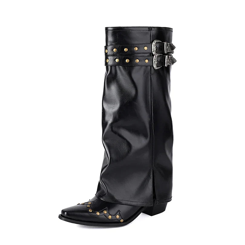Damen Western Stiefel Spitze Kappe Nieten Leder