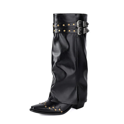 Damen Western Stiefel Spitze Kappe Nieten Leder