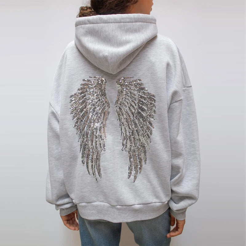 Grauer Damen Hoodie Pailletten Flügel Design - Norvielle