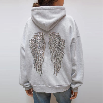 Grauer Damen Hoodie Pailletten Flügel Design - Norvielle