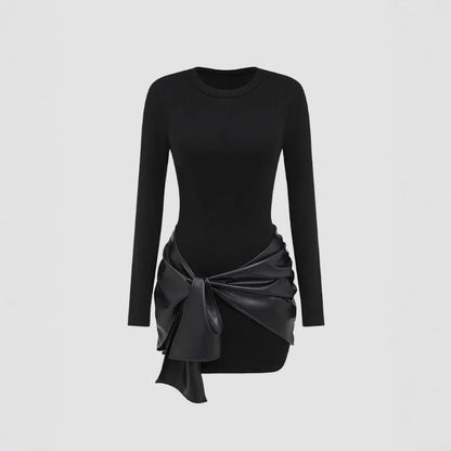 Schwarz Damenkleid mit langen Ärmeln und Lederoptik