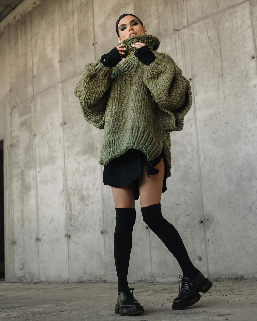 Damen Oversize Strickpullover Rollkragen Grobstrick