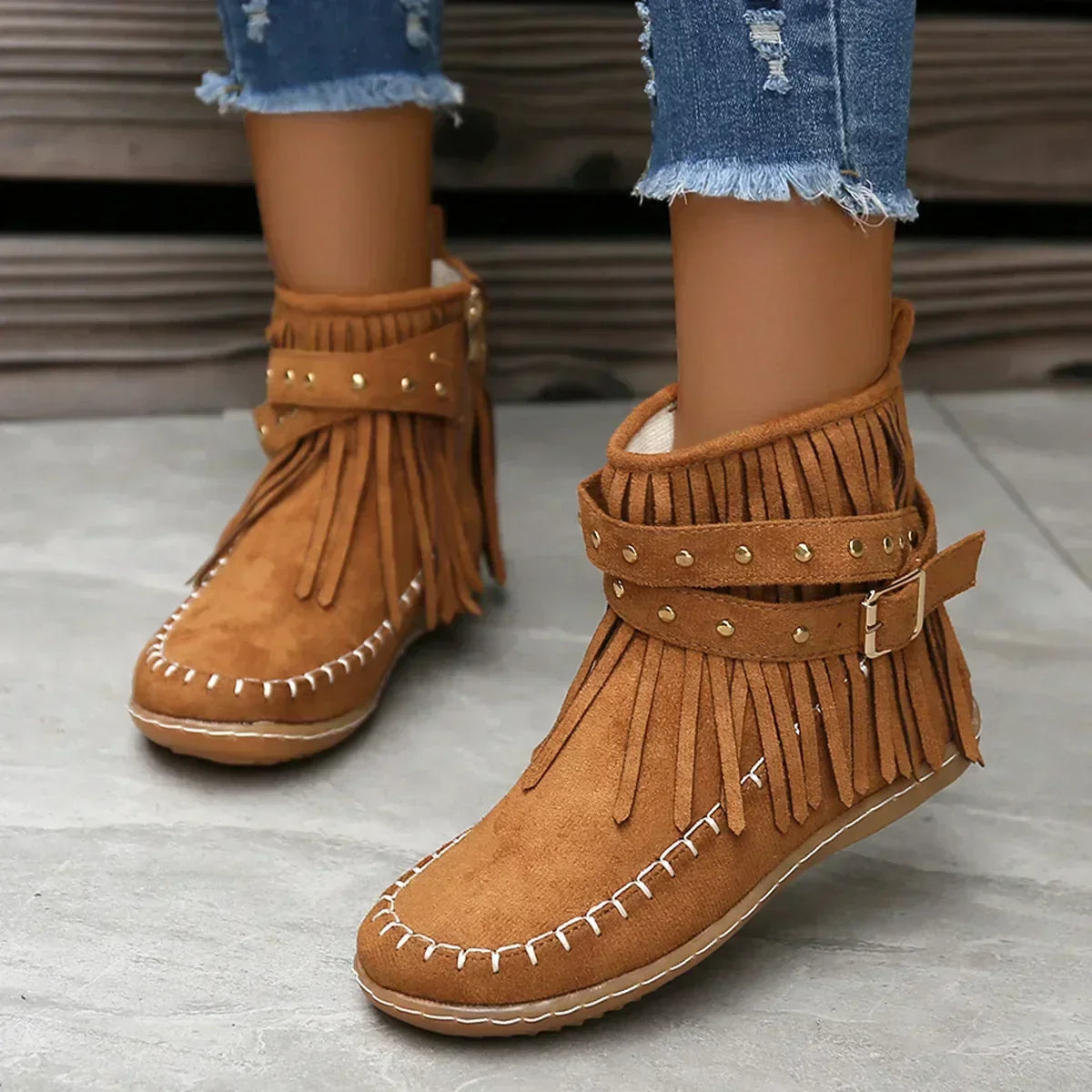 Wildaura Damen Boots braun mit Fransen & Nieten
