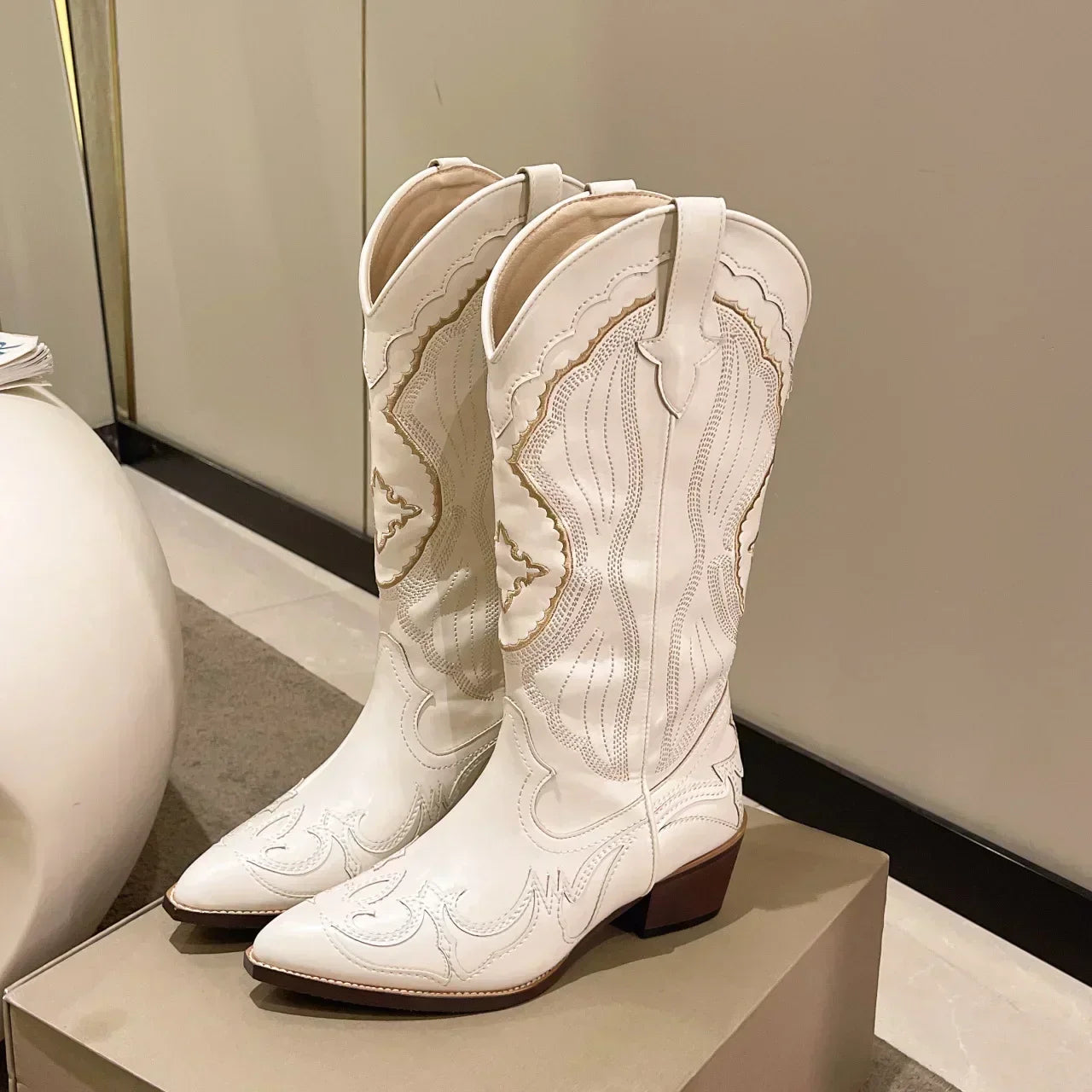 Damen Westernstiefel Bestickt Leder Braun
