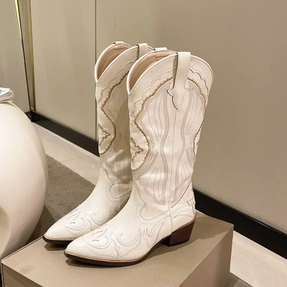 Damen Westernstiefel Bestickt Leder Braun