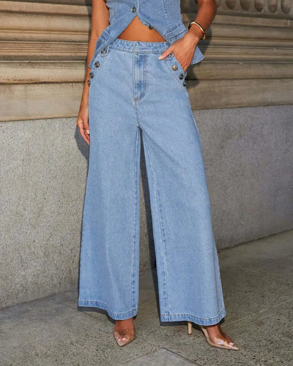 Modisches Damen Denim-Set mit Weste und Weitbein-Jeans