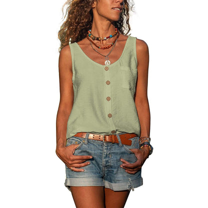 Damen Tanktop Knöpfe Seitentasche Baumwolle