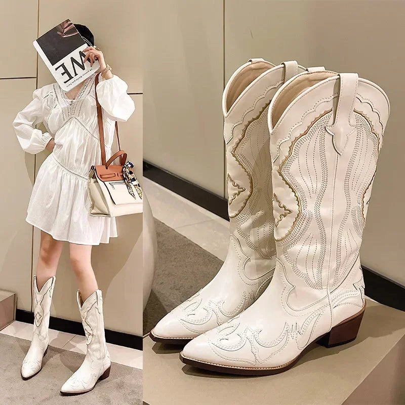 Damen Westernstiefel Bestickt Leder Braun - Norvielle