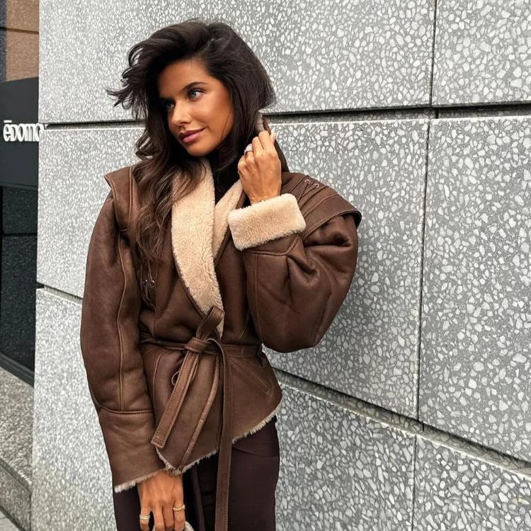 Damen Kunstlederjacke Warm Teddyfutter Schnürung