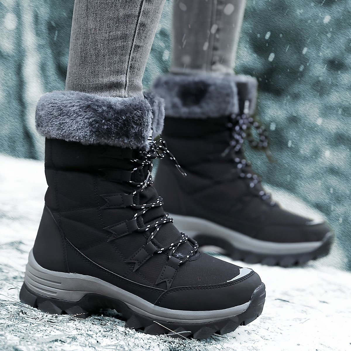 Damen Winterstiefel Fell gefüttert Schnürschuhe Schnee