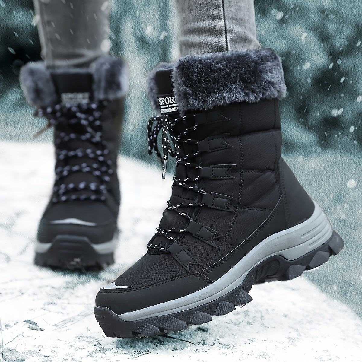 Damen Winterstiefel Fell gefüttert Schnürschuhe Schnee