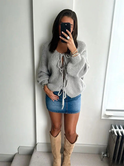 Damen Strickjacke Weich Rosa mit Schleife