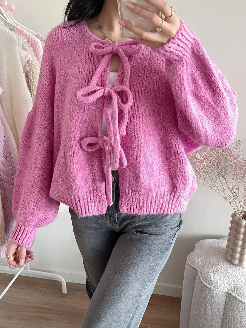 Damen Strickjacke Weich Rosa mit Schleife