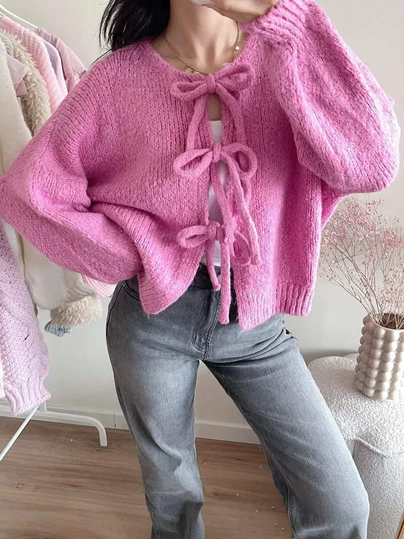 Damen Strickjacke Weich Rosa mit Schleife
