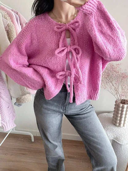 Damen Strickjacke Weich Rosa mit Schleife
