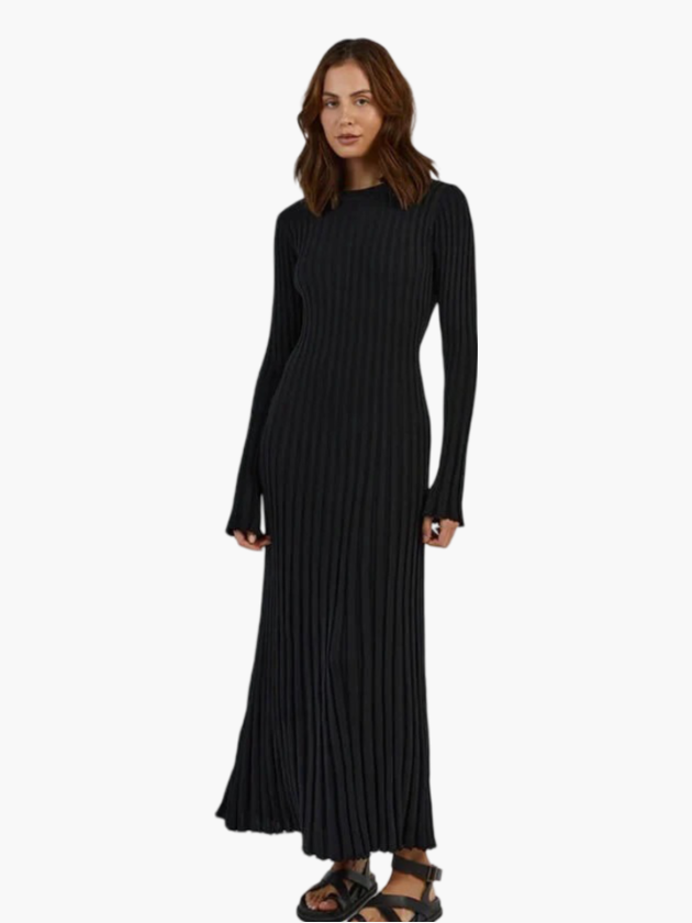 Schwarzes Damenmaxikleid Lang Gerippt - Norvielle