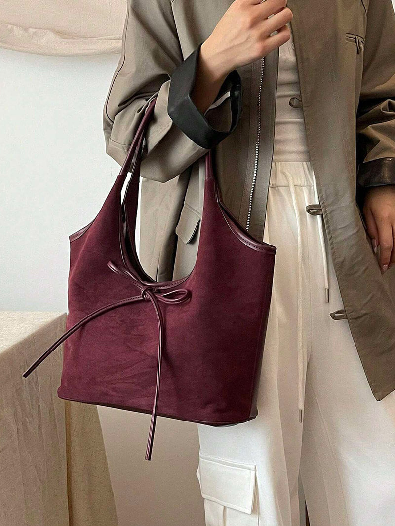 Elegante Damen Lederschultertasche Schwarz Suède Leder - Norvielle