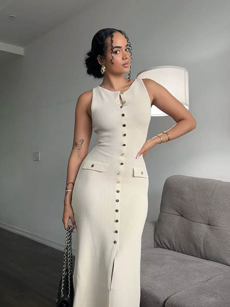 Damen Ärmelloses Maxikleid Elegantes Knopfdetail Zeitlos Elegant wird