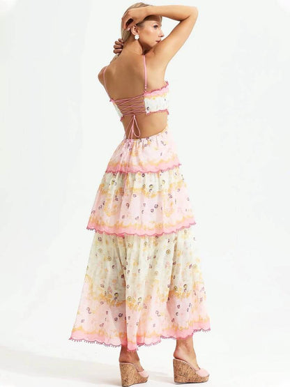 Damen Maxikleid Blumenmuster Spitze Rosa