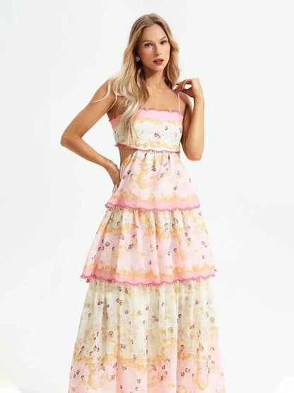 Damen Maxikleid Blumenmuster Spitze Rosa