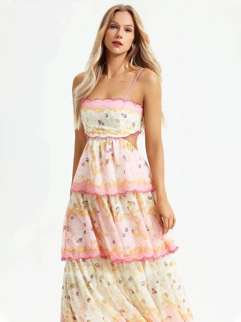 Damen Maxikleid Blumenmuster Spitze Rosa