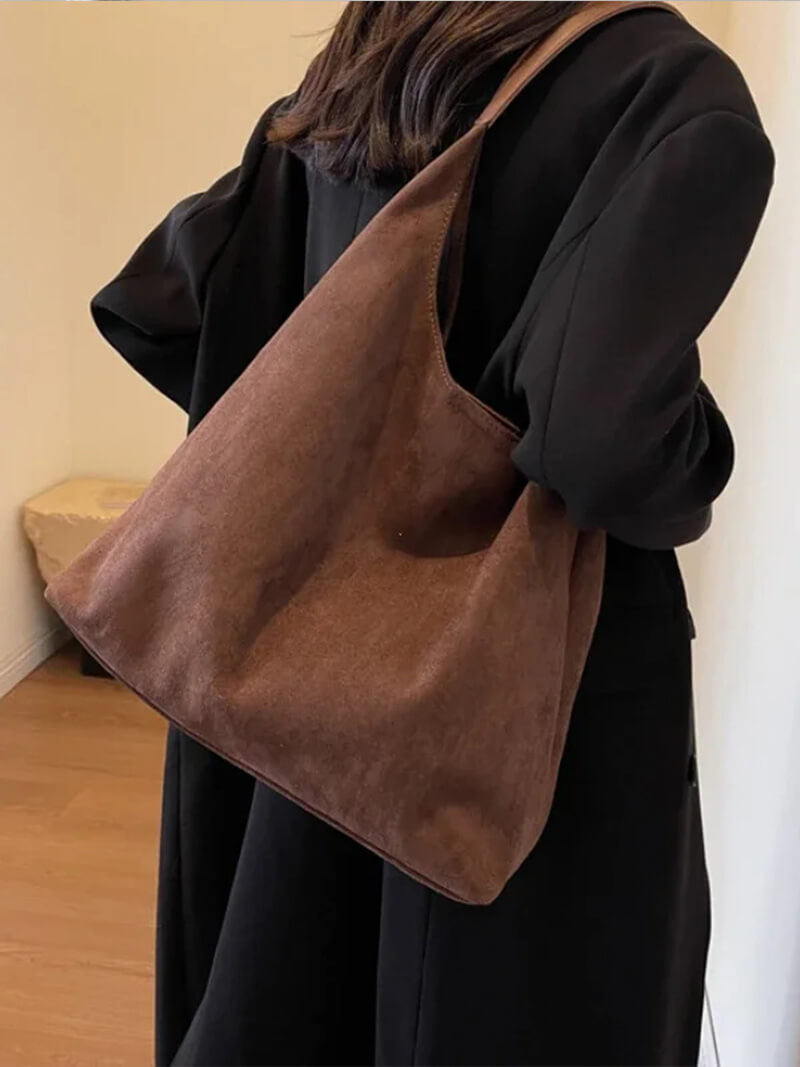 Damen Wildleder Schultertasche Minimalistisch Elegannt Braun