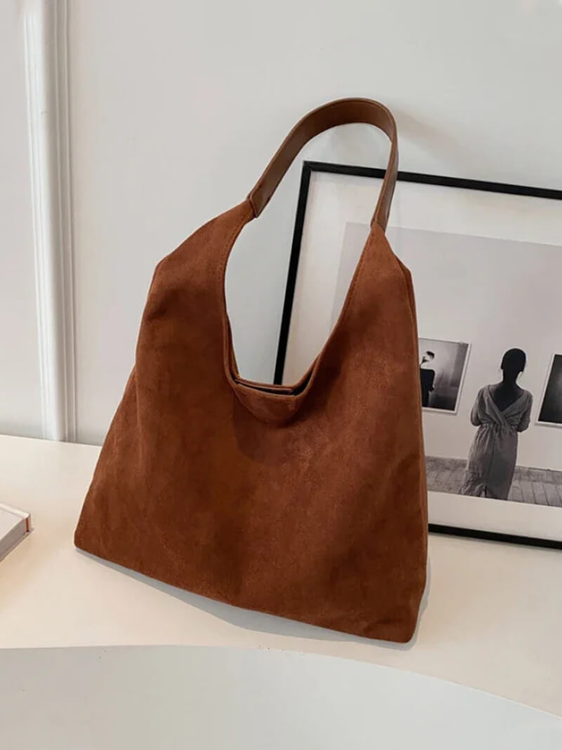 Damen Wildleder Schultertasche Minimalistisch Elegannt Braun