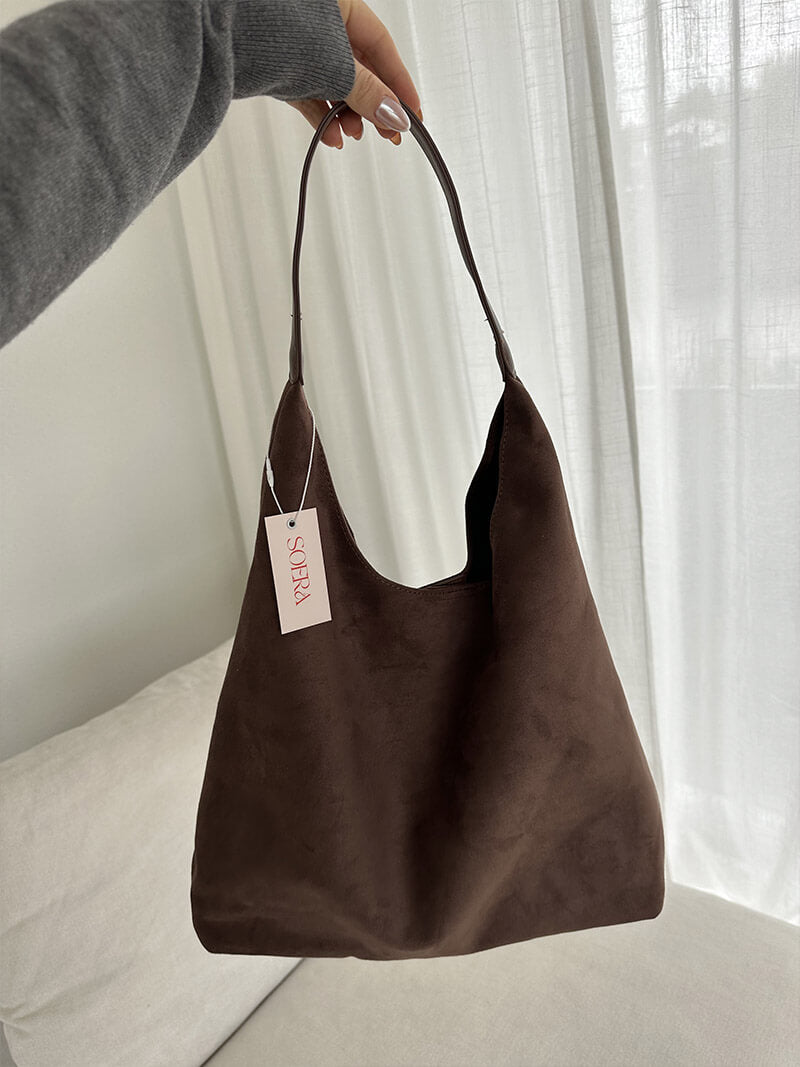 Damen Wildleder Schultertasche Minimalistisch Elegannt Braun
