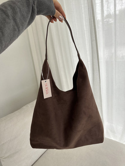 Damen Wildleder Schultertasche Minimalistisch Elegannt Braun