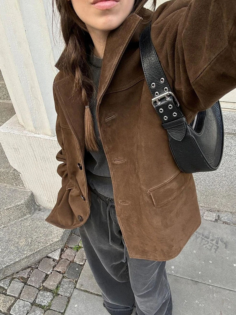 Damen Blazer Wildlederoptik Braun Klassisch