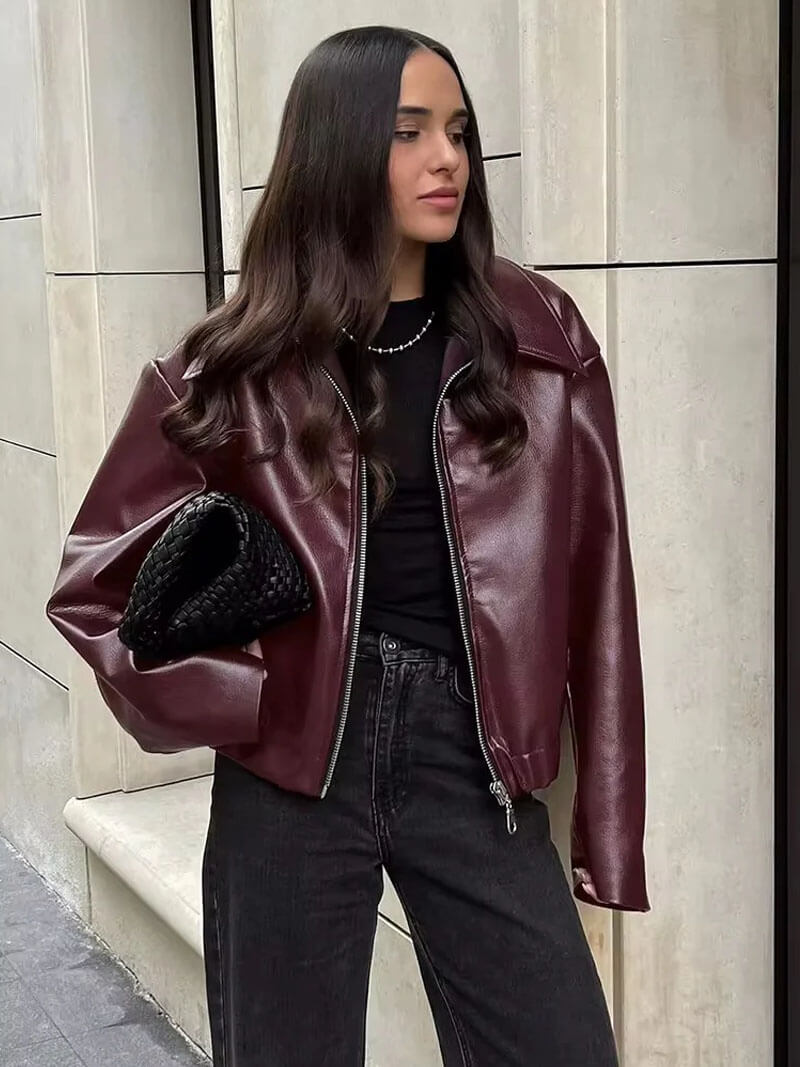 Damen Kunstlederjacke Weinrot Modern