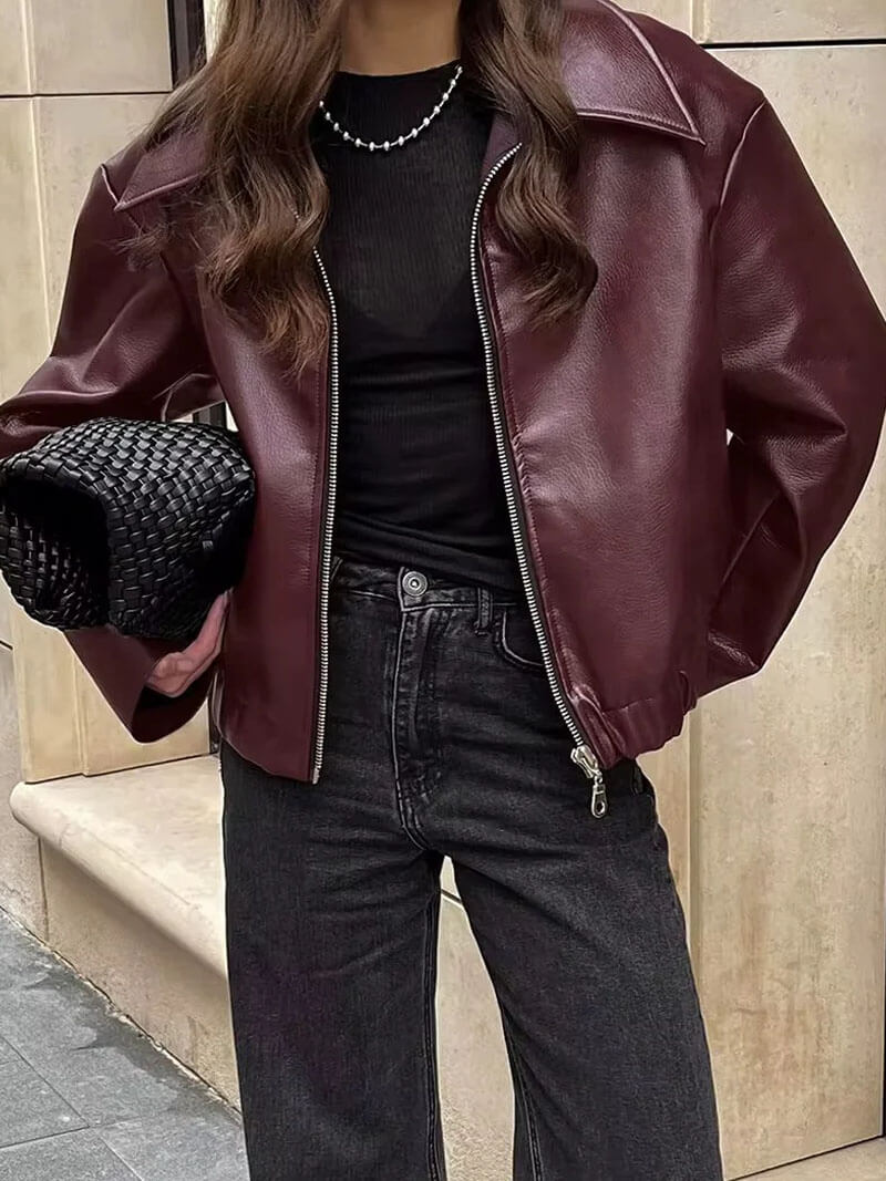 Damen Kunstlederjacke Weinrot Modern