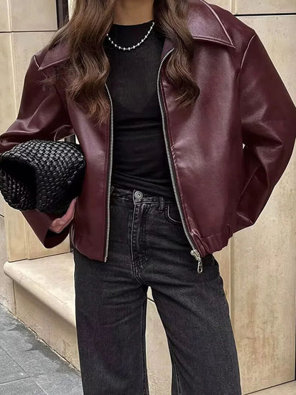 Damen Kunstlederjacke Weinrot Modern