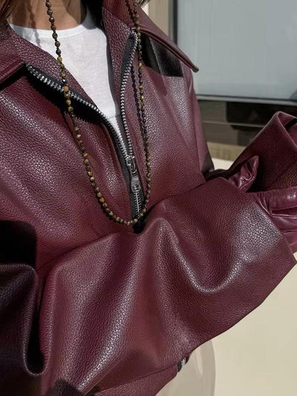 Damen Kunstlederjacke Weinrot Modern